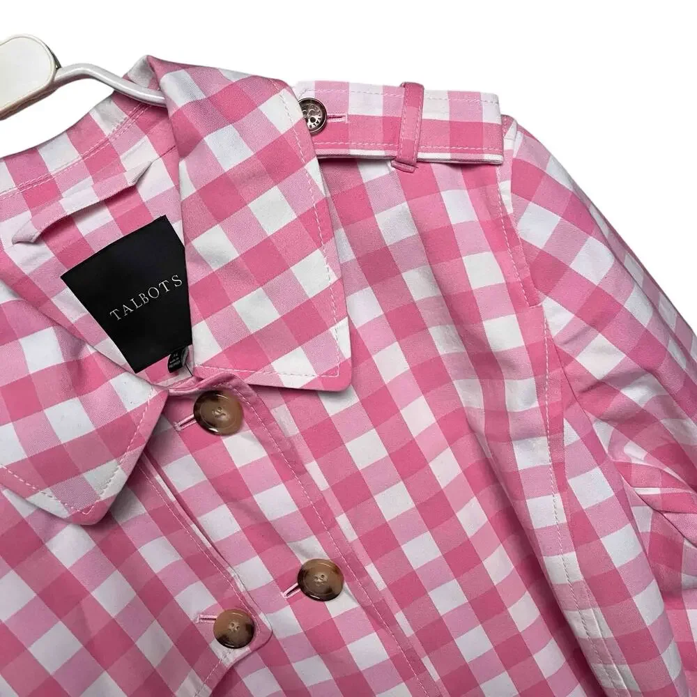 Talbots NWT Gingham Trench Coat Size XL Pink White Belted Cotton Blend Jacket - Picture 3 of 9